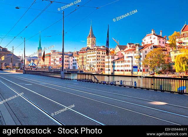 Zurich Limmat river waterfront and landmarks view, largest city in Switzerland