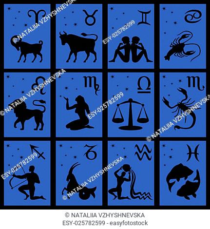 Set of twelve black silhouettes of Zodiac signs vector illustration