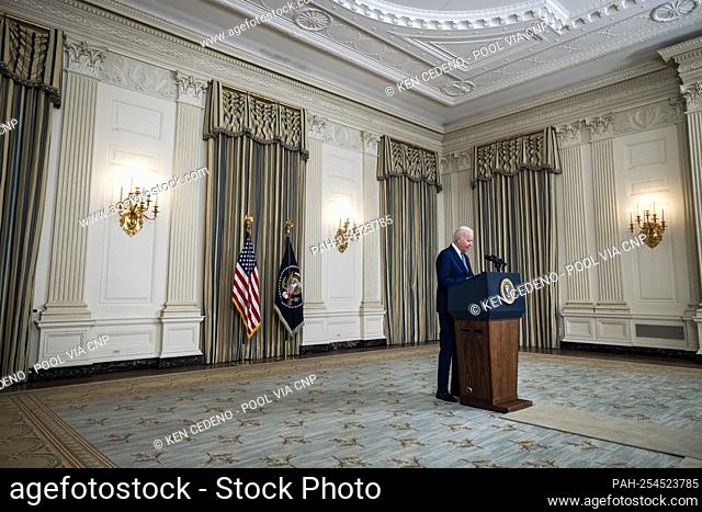 US President Joe Biden speaks to the media about the August jobs report in the State Dining Room of the White House in Washington, DC, USA, 03 September 2021