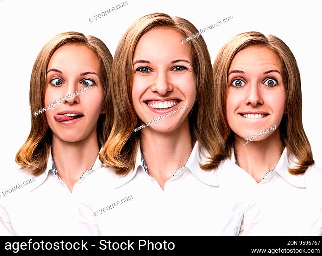 Collage of young woman makes fun faces isolated on white