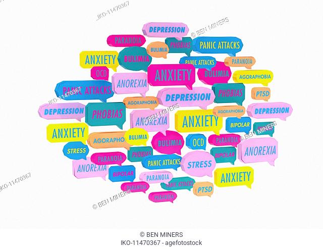 Lots of speech bubbles about different mental health issues