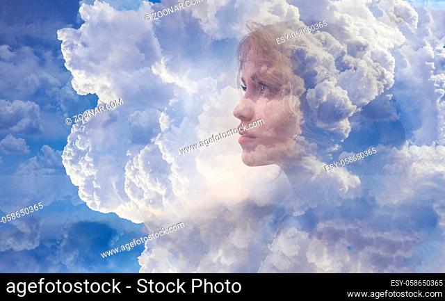 Mental Health concept.Nature and clouds combines with beauty of young woman
