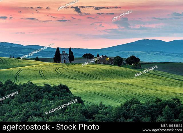 Tuscany landscape with the small chapel of Madonna di Vitaleta, San Quirico d'Orcia, Val d'Orcia, Tuscany, Italy