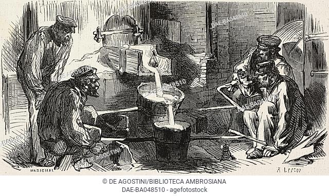 Casting process in an ammunition foundry, Siege of Paris, France, Franco-Prussian War, illustration from the magazine L'Illustration, Journal Universel, no 1454