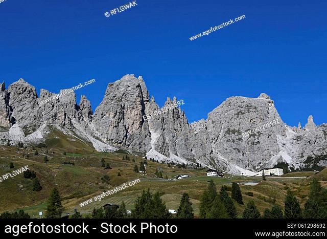 Panoramic view of the Gardena Pass and the pass road in the South Tyrolean Dolomites. It connects Val Gardena in Val Badia and the municipalities of Selva