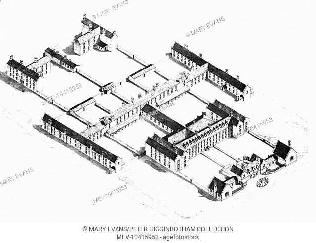 The Union workhouse at Limerick, Ireland, was designed by George Wilkinson and opened in 1841. This 1847 view shows the workhouse after proposed enlargements