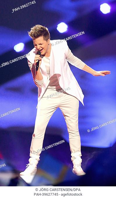 Singer Robin Stjernberg representing Sweden performing during the Grand Final of the Eurovision Song Contest 2013 in Malmo, Sweden, 18 May 2013