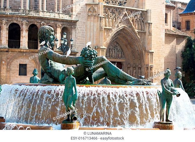 Valencia Plaza de la virgen square with Neptuno fountain and Cathedral at Spain