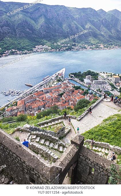 Ancient Old Town around Saint John Fortress in Kotor coastal city, located in Bay of Kotor of Adriatic Sea, Montenegro