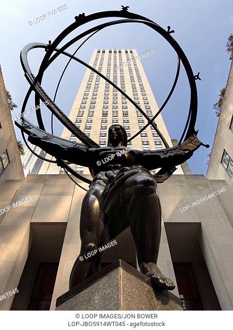 A fisheye View of the statue of Atlas in front of the Rockefeller Centre on Fifth Avenue