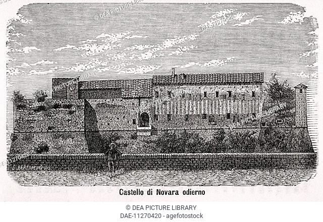 The castle of Novara, 1877, drawing by Bertoncini and engraving by Colombo from Monographs of Novara, Italy 19th Century