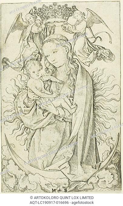 The Madonna on the Crescent Crowned by Two Angels, 1470–75, Martin Schongauer, German, c. 1450-1491, Germany, Engraving on paper