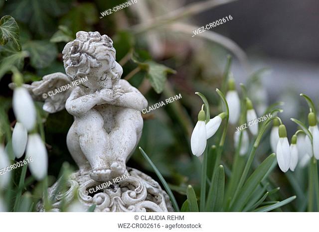 Germany, Bavaria, Ruhpolding, Grave yard, Angel figurine and snowdrops