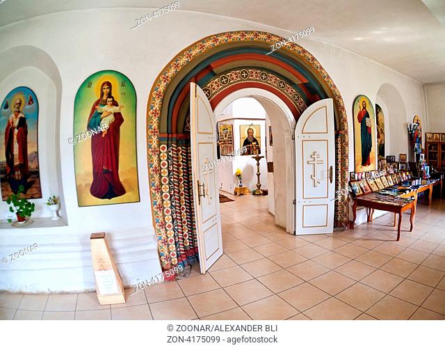 Interior of russian orthodox church in Novgorod region, Russia. Fisheye