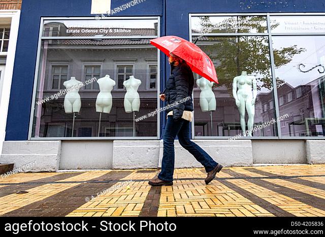 Odense, Denmark A woman pedestrian with a red umbrella walks by large windows with female mannequins