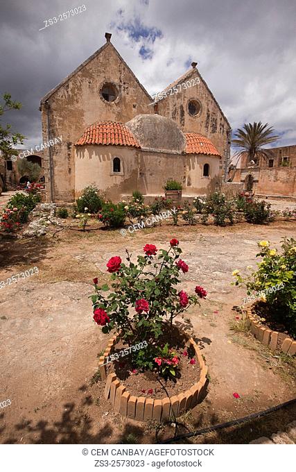 View to the Arkadi Monastery with the roses in the foreground, Rethymno Province, Crete, Greek Islands, Greece, Europe