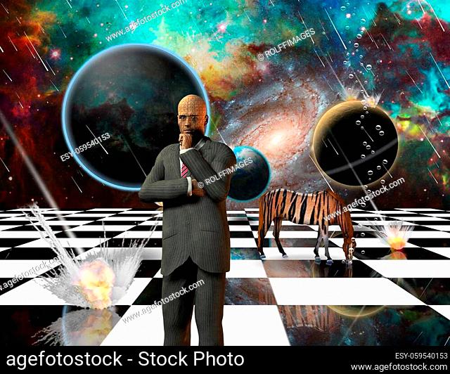Massive meteorite - asteroid shower destroy planets. Striped horse and thinking businessman on chessboard. 3D rendering