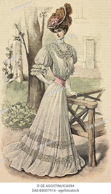 Woman wearing an embroidered muslin dress, with Guipure lace inserts, lace corset and a hat with flower, creation by Roubalski