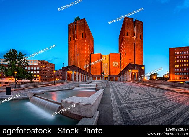 Panorama of Oslo City Hall and Fridtjof Nansens Plass in the Evening, Oslo, Norway