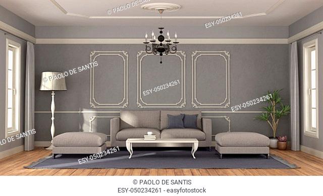 Modern gray sofa and footstool in a room in classic style - 3d rendering