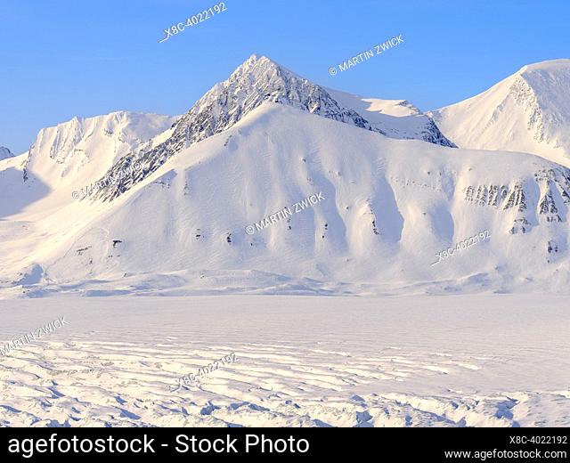 Glacier Fridtjovbreen. Landscape in Van Mijenfjorden National Park, (former Nordenskioeld NP), Island of Spitsbergen, part of Svalbard archipelago