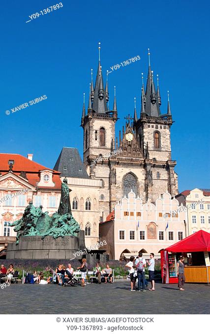 Staromeske square, Tyn church, and Jan Hus momument, Prague, Czech Republic, Europe