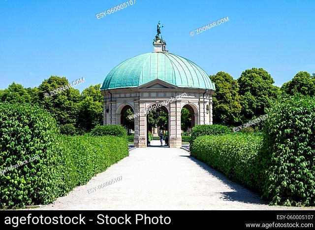 Hofgarten Park with Dianatempel in Munich. The Diana Pavilion and the grounds of the Hofgarten, adjacent to the Munich Residenz and Odeonsplatz