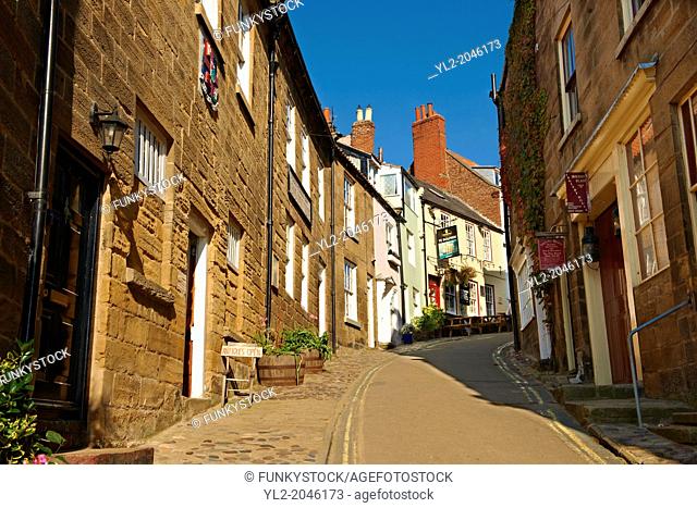 Narrow street of the historic fishing village of Robin Hood's Bay, Near Whitby, North Yorkshire, England