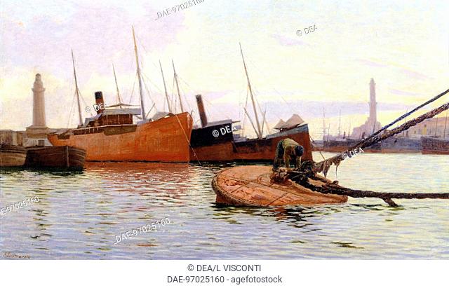 The port, by Alfredo Luxoro (1859-1918), oil on canvas, 58x98 cm.  Genoa Nervi, Galleria D'Arte Moderna (Art Gallery)