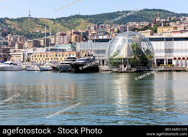 Italy, Genoa, Glass sphere La Biosfera at Porto Antico