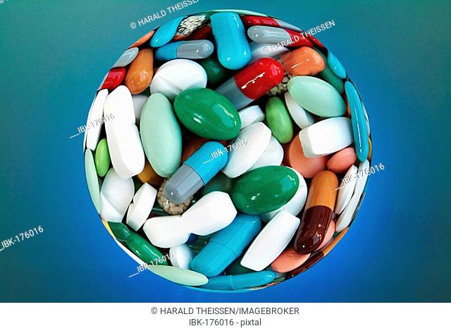 Ball filled with many different colourful pills and capsules
