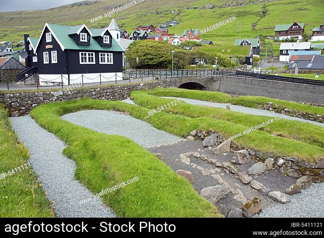 Remains of Viking longhouse, Gardur ur vikingaold, 10th/11th century, Kvivik, Streymoy Island, Faroe Islands, Denmark, Europe