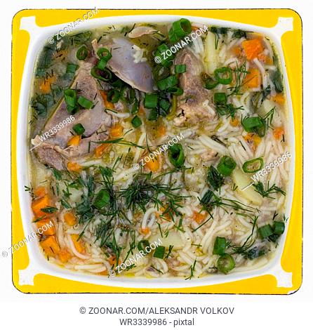 Simple high calorie fat hot rural pork ribs soup. With vermicelli, carrot, green onions and fennel. Top view. Isolated