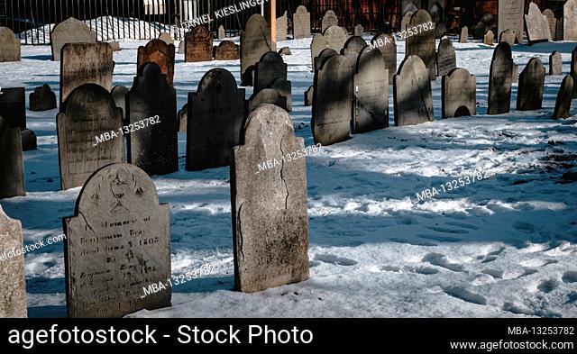 Winter in Witch City of Salem, Essex, New England, Boston, United States of America, Massachusetts, Graveyard of Witch burnings, Gravestone