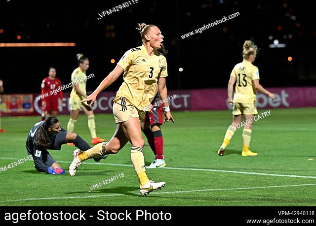 Belgium's Ella Van Kerkhoven celebrates after scoring during the match between Belgium's national women's soccer team the Red Flames and Armenia, in Yerevan