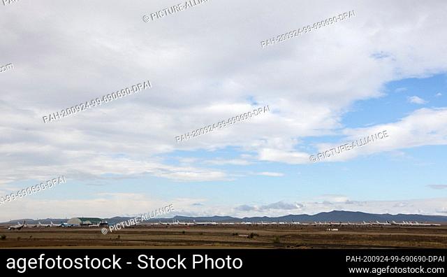 23 September 2020, Spain, Teruel: Aircraft from various airlines are parked at Teruel Airport. Teruel airport is used as a large parking area for the aircraft...