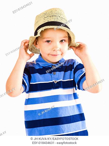 Child play with a summer hat, white background