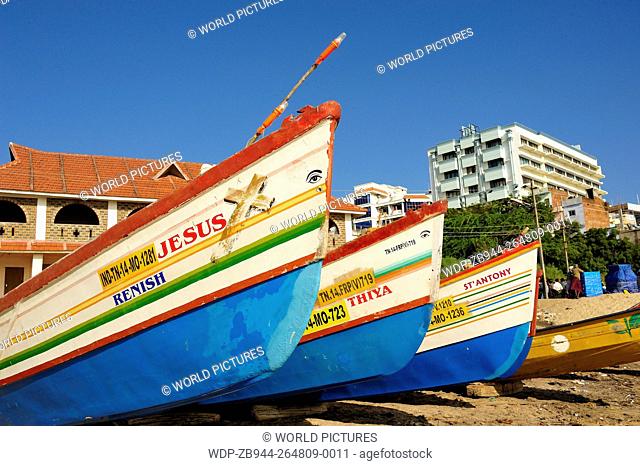 fishing boats on the beach, Kanyakumari, Tamil Nadu, India