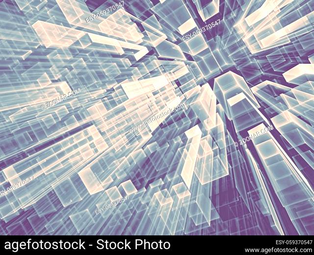 Geometric technology background - abstract computer-generated image. Fractal geometry: tending to the horizont parallelepipeds