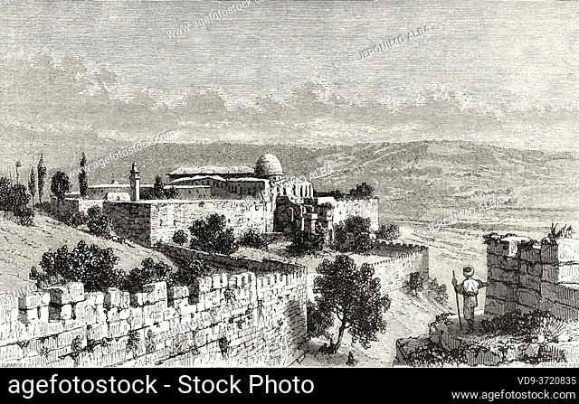 Old City, walls and church of the Holy Sepulcher, Jerusalem, Palestine, Israel. Old 19th century engraved illustration Travel to Jerusalem by Alphonse de...