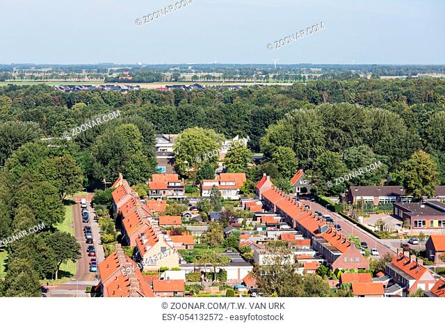 Aerial view family houses in residential area of Emmeloord, The Netherlands