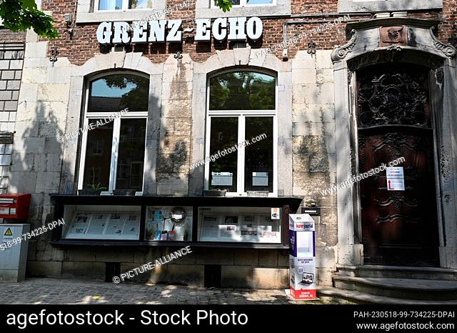 14 May 2023, Belgium, Eupen: Grenz Echo lettering on the publishing house. The Grenz Echo is the only German-language daily newspaper in Belgium
