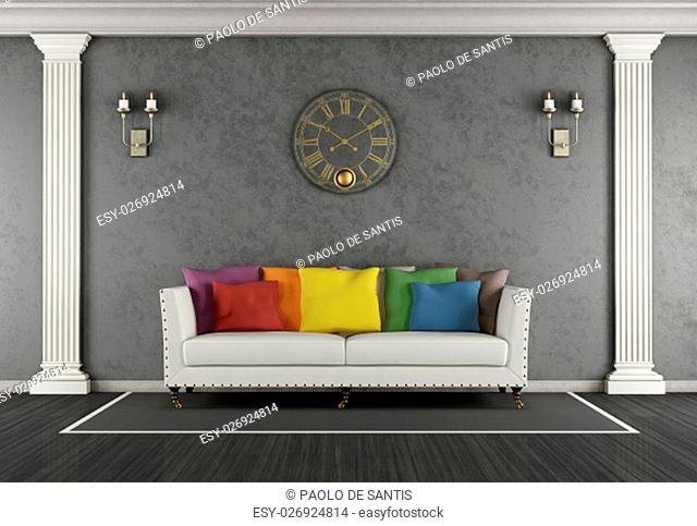 Classic living room with colorful sofa and black stucco wall - 3d rendering
