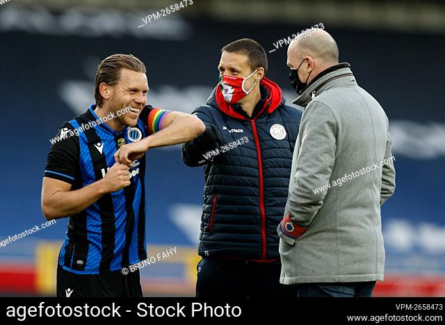 Club's Ruud Vormer, Essevee's assistant coach Timmy Simons and Club Brugge's head coach Philippe Clement pictured after a soccer match between Club Brugge KV...