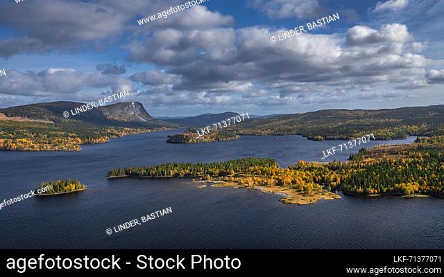 Wild landscape with lake and mountains in autumn in JÃ¤mtland in Sweden from above