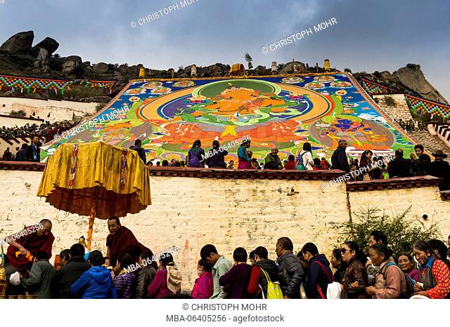 Tibet, painting on the Drepung Monastery, believers, pilgrims