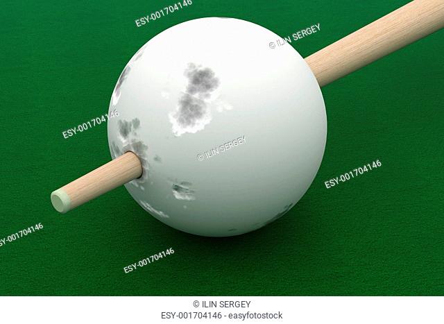 Old billiard ball punched cue. 3D image
