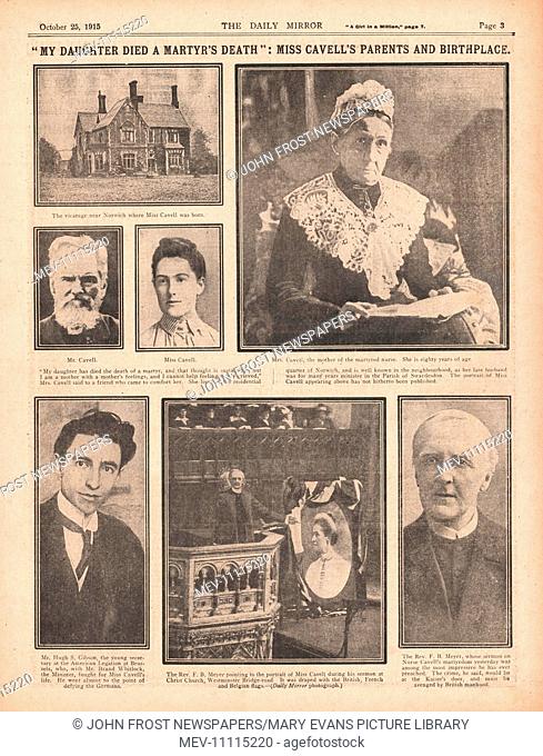 1915 page 3 Daily Mirror Birthplace and parents of Nurse Edith Cavell