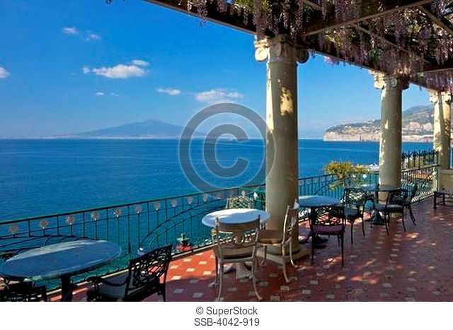 Bay of Naples and mount Vesuvius viewed from the terrace of a hotel, Hotel Bellevue Syrene, Sorrento, Campania, Italy