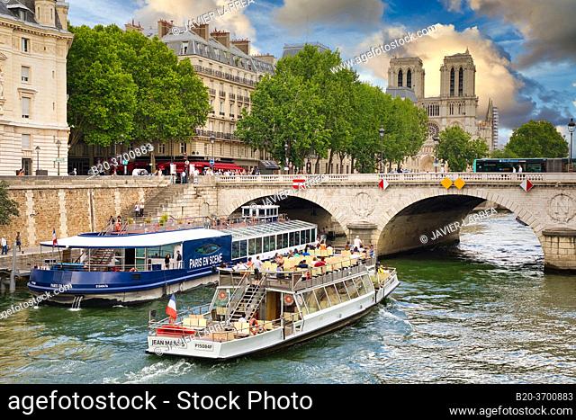 Tourist boat, Pont Saint Michel bridge, Sena River, Notre Dame cathedral, Paris, France